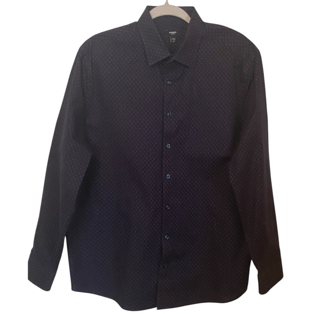 Express Men’s Large 1MX Slim Fit Dress Shirt | Navy Blue & Red Pattern